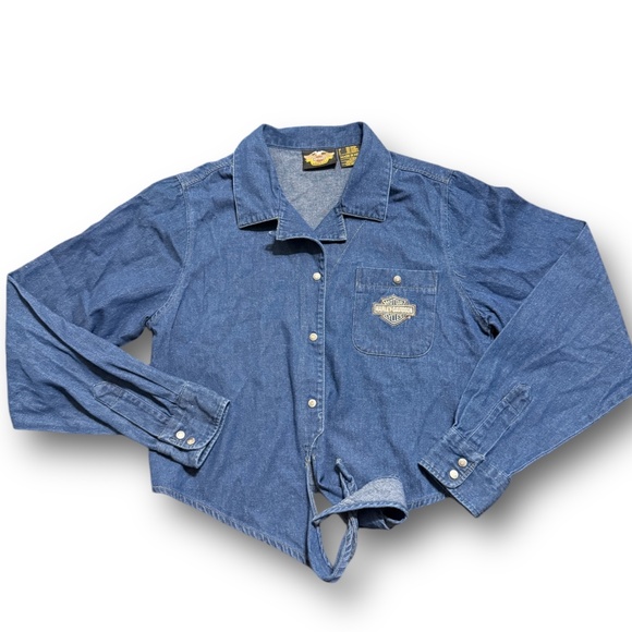 Harley-Davidson Tops - Vintage Harley Davidson Denim Button Down Crop Top Tie Waist  - Medium